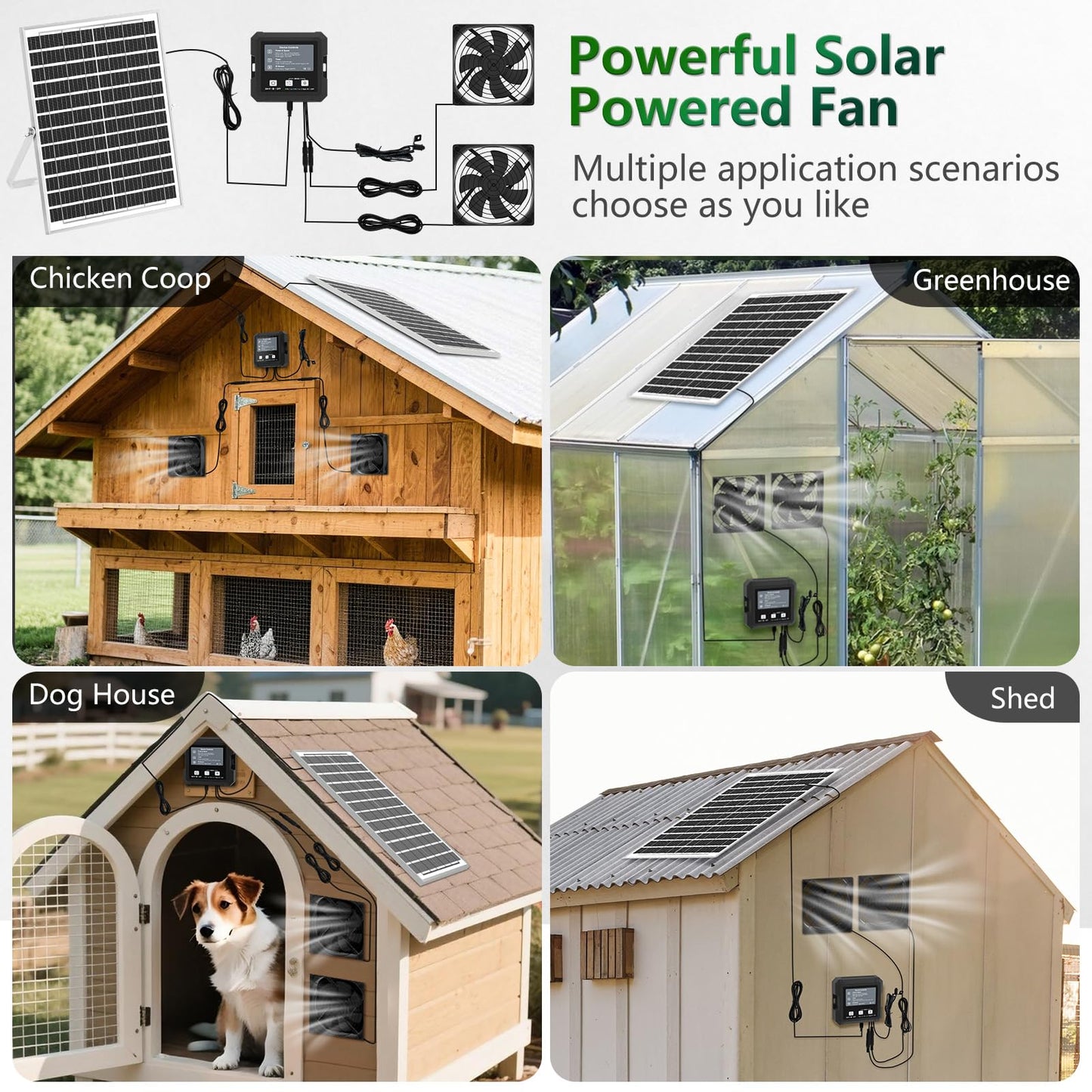 25W Solar Fan for Chicken Coop with Battery, Solar Exhaust Fan for Shed & Greenhouse, 3 Modes Controller (Continuous/Timer/Motion Sensor), Solar Powered Fan for Intake or Exhaust Vent Cooling