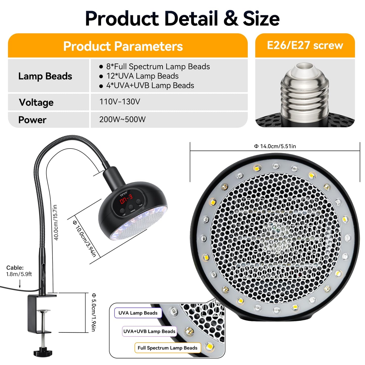 TFNN Heat Lamp for Chickens with Holder，200W-350W-500W Reptile Heating Lamp with UVA UVB Ligh 3-6-9-12H Timer, Protable Greenhouse Heater for Outdoor Chicken Coop Indoor Reptile Rabbits Dog Cats