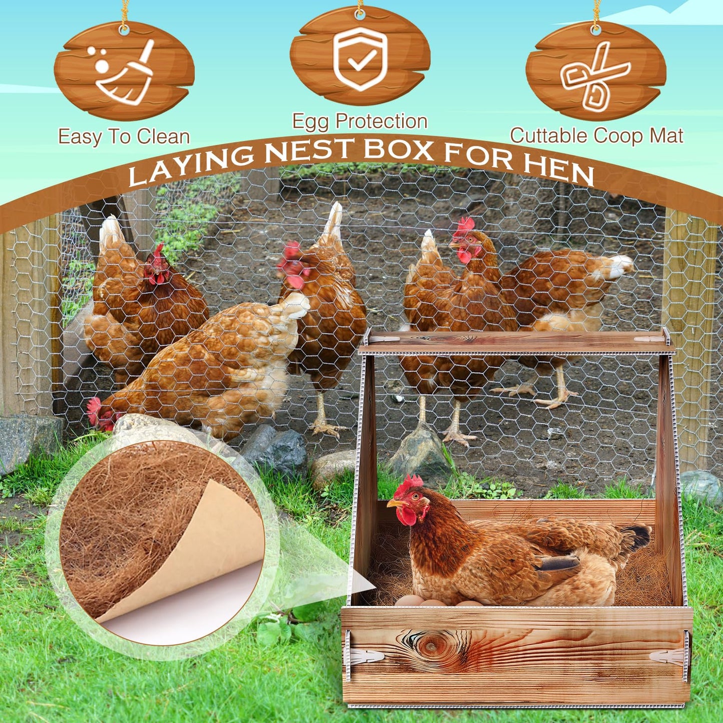 Teenyyou Chicken Nesting Box with 3 Pads for Laying Eggs Plastic Hen Nest Box Wooden Surface Chicken Coop Laying Boxes for Hen Duck Poultry