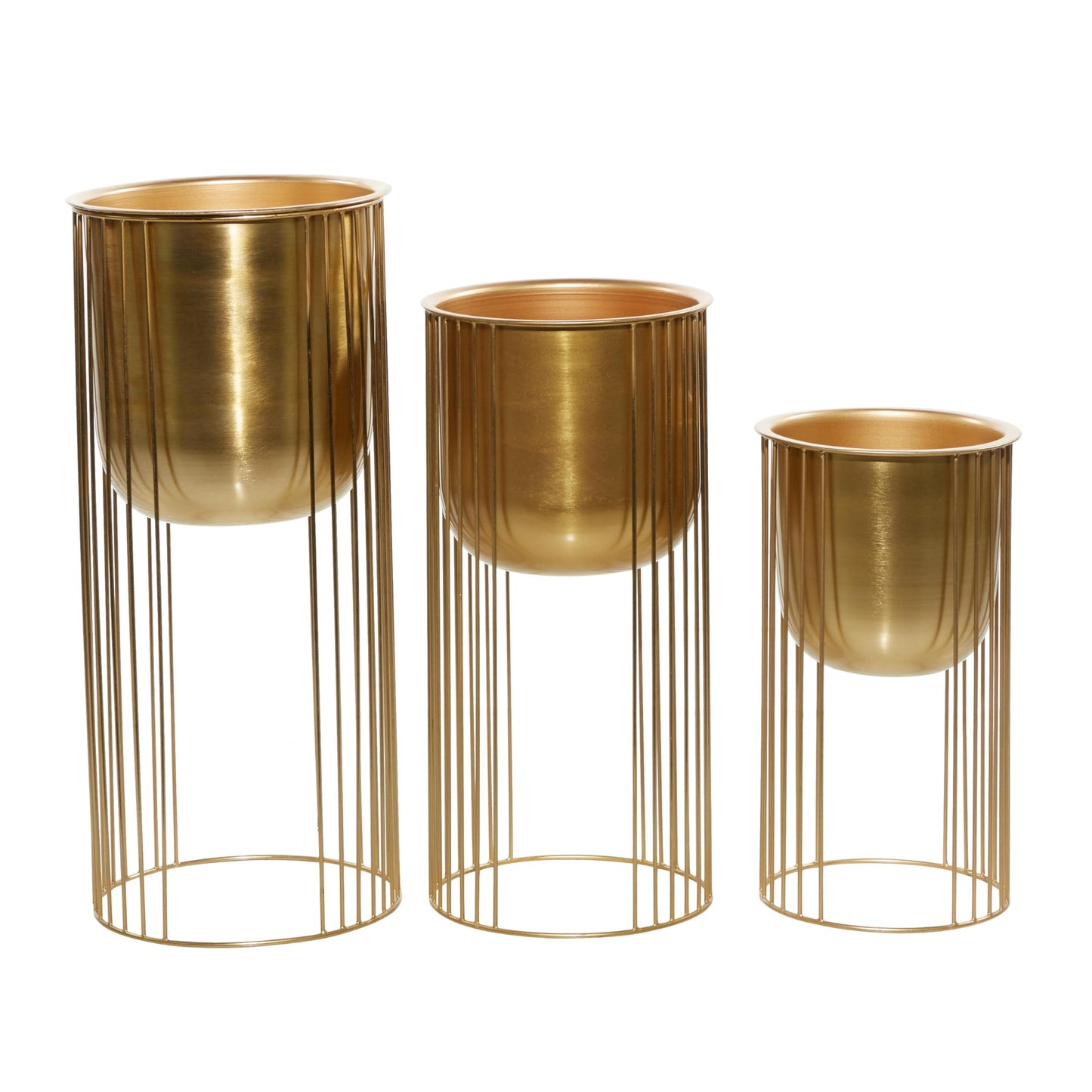 Deco 79 Metal Indoor Outdoor Planter Deep Recessed Dome Large Planter Pot with Elevated Caged Stand, Set of 3 Planters 24", 20", 16"H, Gold