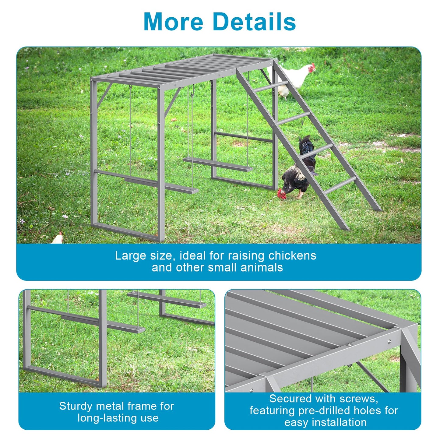 Chicken Perch with Swing Set, Roosting Bars for Chickens in Coop for Pet Chickens' Health and Happiness, Metal Chicken Toys Accessories for Backyard Farms, Light Gray
