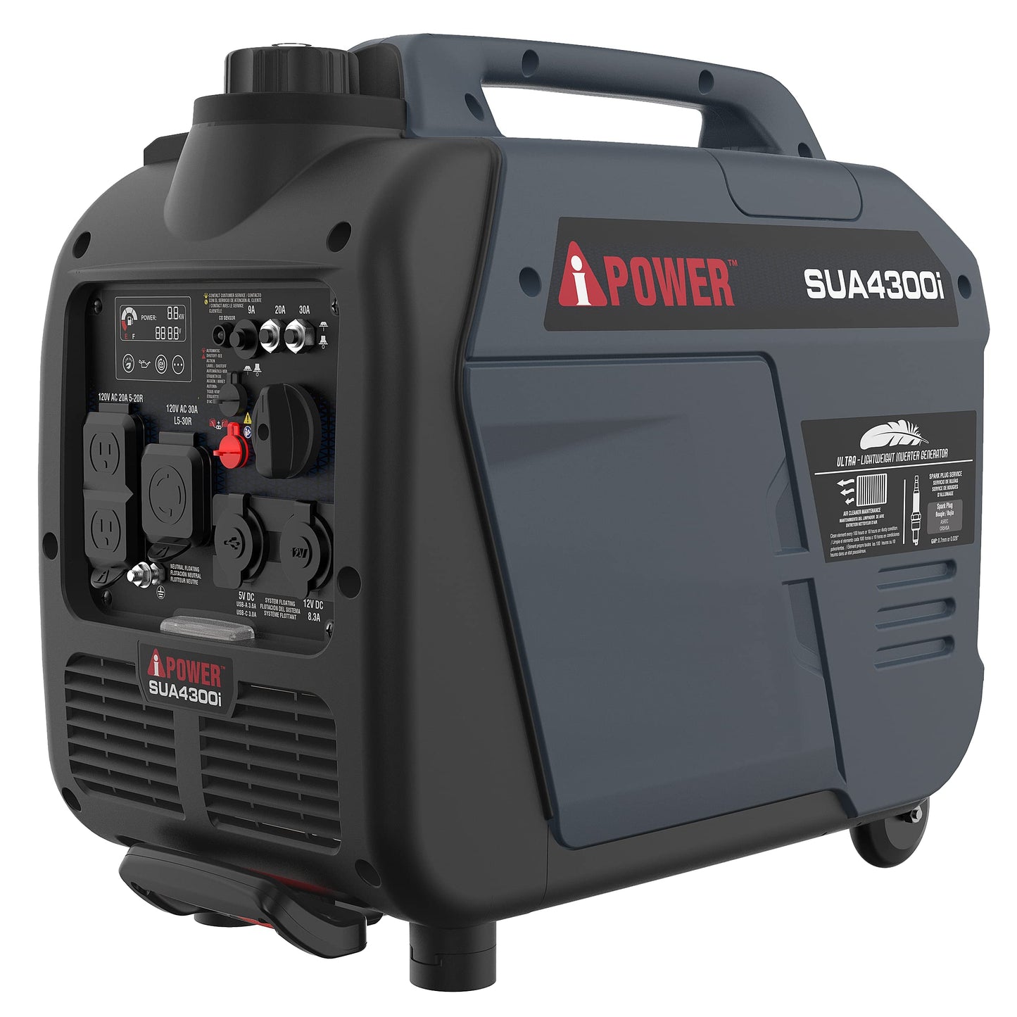 A-iPower Portable Inverter Generator Gas, 4300W RV Ready, EPA & CARB Compliant CO Sensor, Portable Light Weight With Telescopic Handle For Backup Home Use, Tailgating & Camping (SUA4300i)