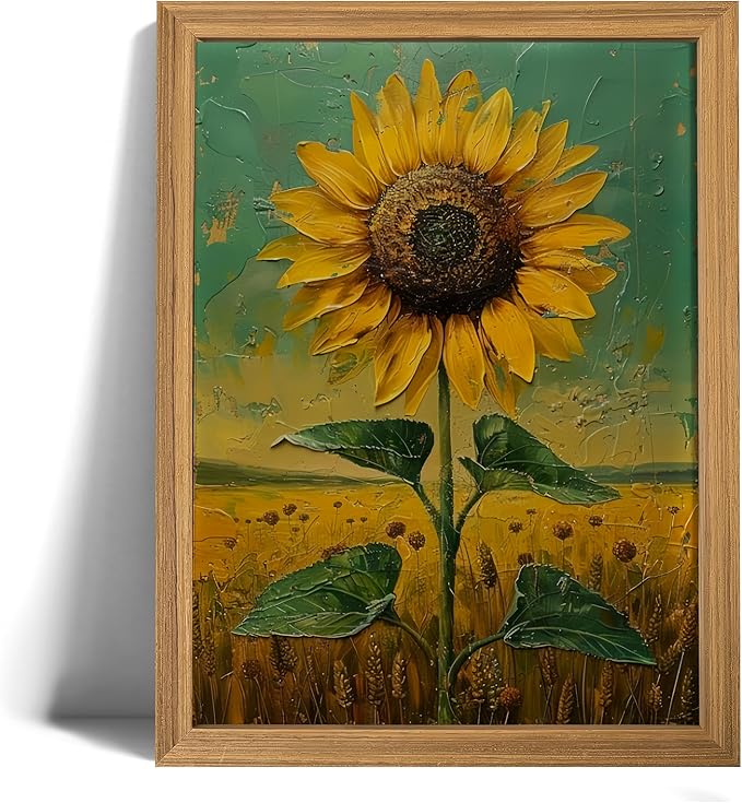 AZPRXN Sunflower Wall Art – Rustic Floral Canvas Print, Bright Yellow Flower Oil Painting Style Wall Decor，Farmhouse Picture poster for Living Room, Bedroom, Kitchen,Living Room,Wood Frame 16x24in