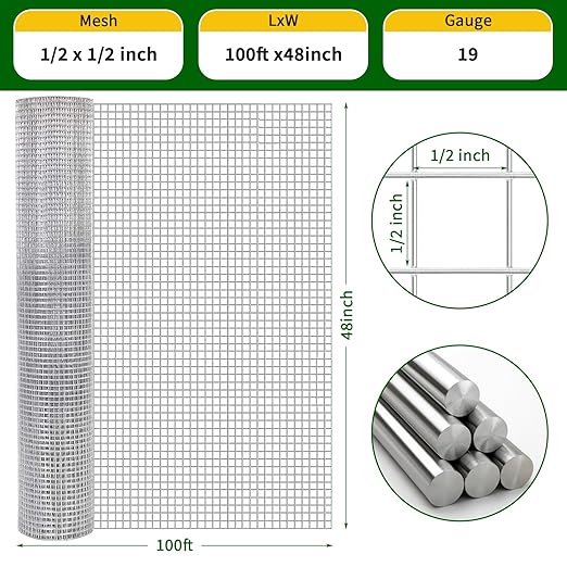 Hardware Cloth 1/2 inch 48 x 100 ft 19 Gauge Chicken Wire Fence Galvanized Steel Mesh Rolled Fencing for Garden Supports Poultry Netting Cage Snake Fence Tree Guard, Silver