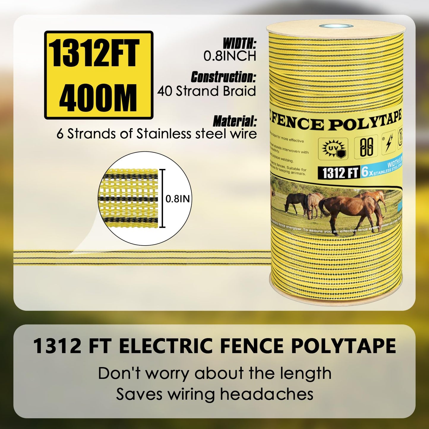 LIFENCE Electric Fence PolyTape Horse Fencing Tape 1312 Feet 400m, High Visibility 0.8 Inch 20mm Width, 6 Strong Stainless Steel Conductors, Yellow and Black, Equine Horse Livestock Electric Fencing