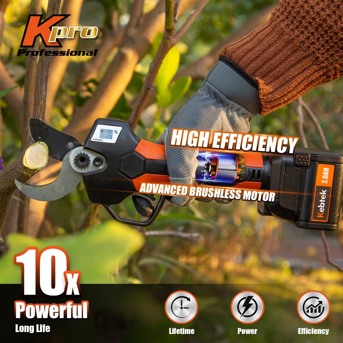 2 In 1 Electric Pruning Shears 40MM Pole Set，Brushless Motor 2Pack 2AH Rechargeable Battery-LCD Display Screen (KT940 Pruner+Pole Set)
