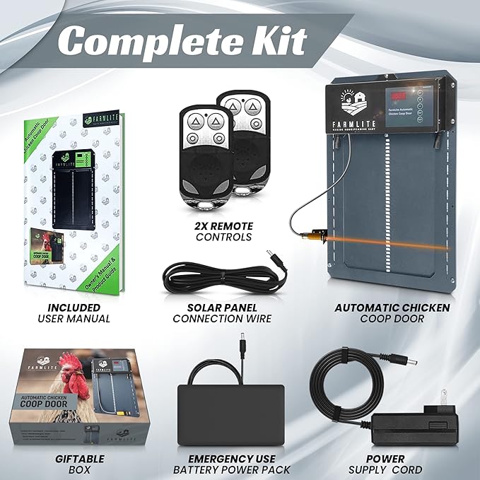 FarmLite Automatic Chicken Coop Door Opener | Non-Battery Powered Automatic Chicken Door | Automatic Coop Door with Timer, Light Sensor and Remote Controls | USA Brand