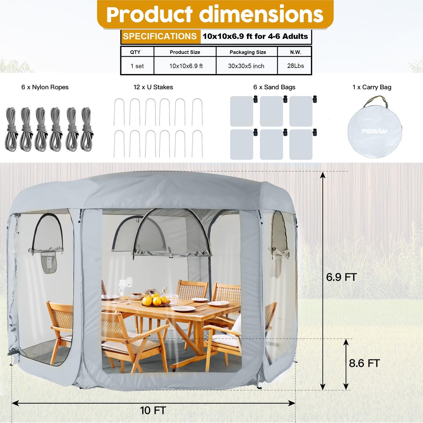 Porayhut Pop up Bubble Tent Screen House10’X10’Large Camping Sun Shelter,Weather and Cold Proof Pod with Detachable Sunshade Cloth,Waterproof Floor,2 Zipper Doors and 4 Mesh Breathable Windows