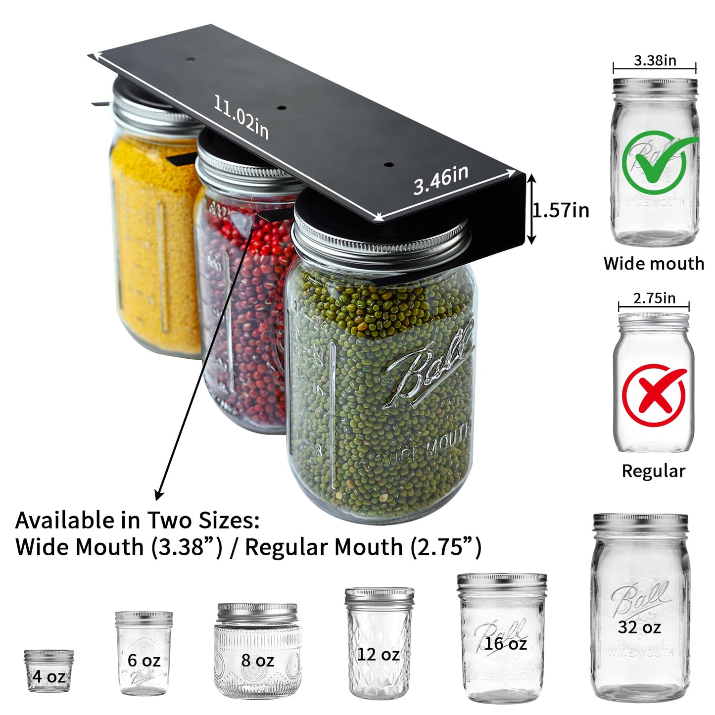 Mason Jar Storage Rack for Under Shelf, 2 Pack Holds 6 Wide Mouth Mason Jars, No Drill or Screw Mount, Kitchen Cabinet & Pantry Space Saver, Easy Access Sliding Design(Wide Mouth)