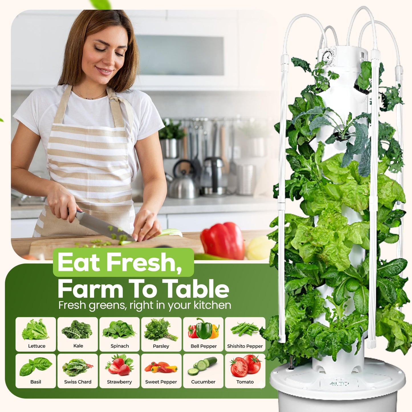 ALTO GARDEN GX Hydroponic Tower | Vertical Planter Tower | Hydroponics Growing System Kit | Food Grade with 24 Net Pots (with LED Grow Lights)