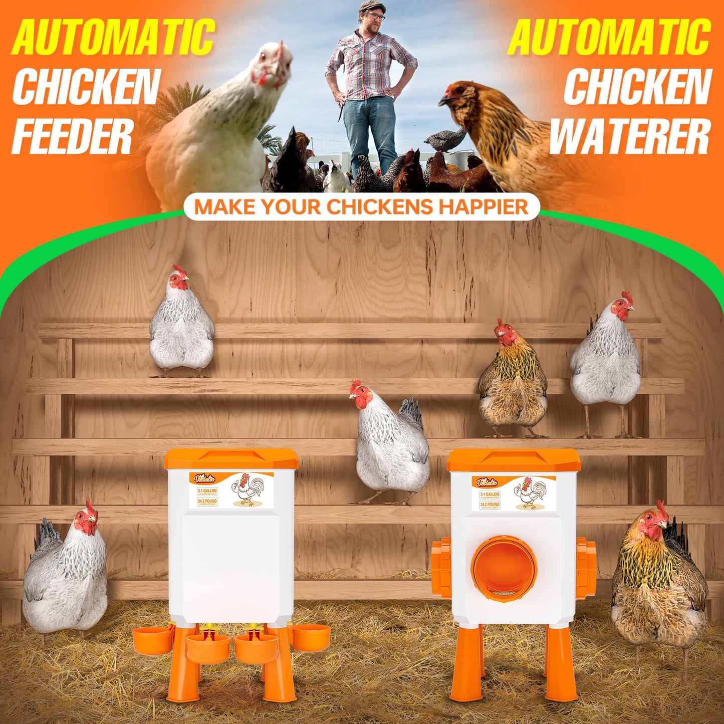 Chicken Feeder and Waterer Set, Chicken Coop Accessories, 3.1 Gallon/24.2 Pounds, Automatic Chick Feeder and Waterer Set No Waste