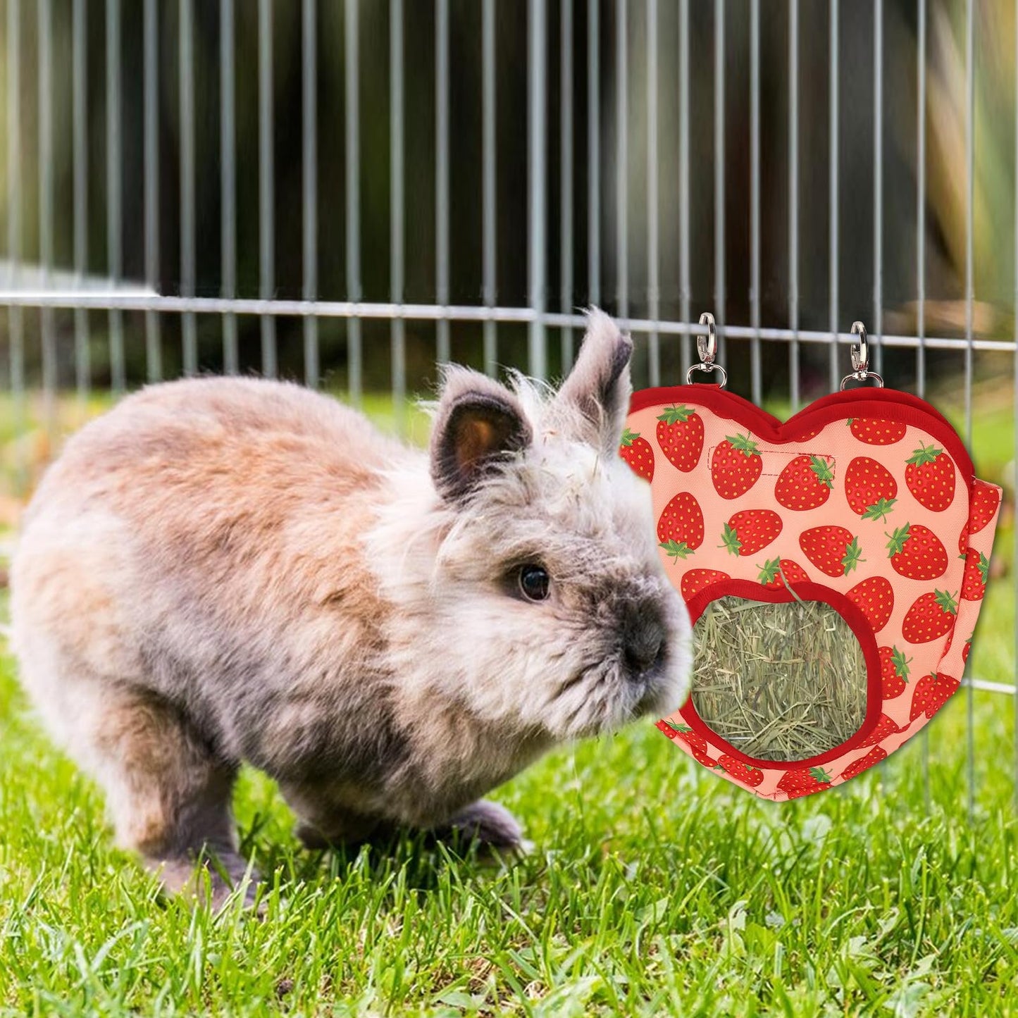 ABTOLS Rabbit Hay Feeder Bags, Hanging Hay Feeder for Cage Guinea Pigs Chinchillas Hamsters Heart Shape Red Strawberry Bunny Small Animal Pet Cartoon Hay Bag