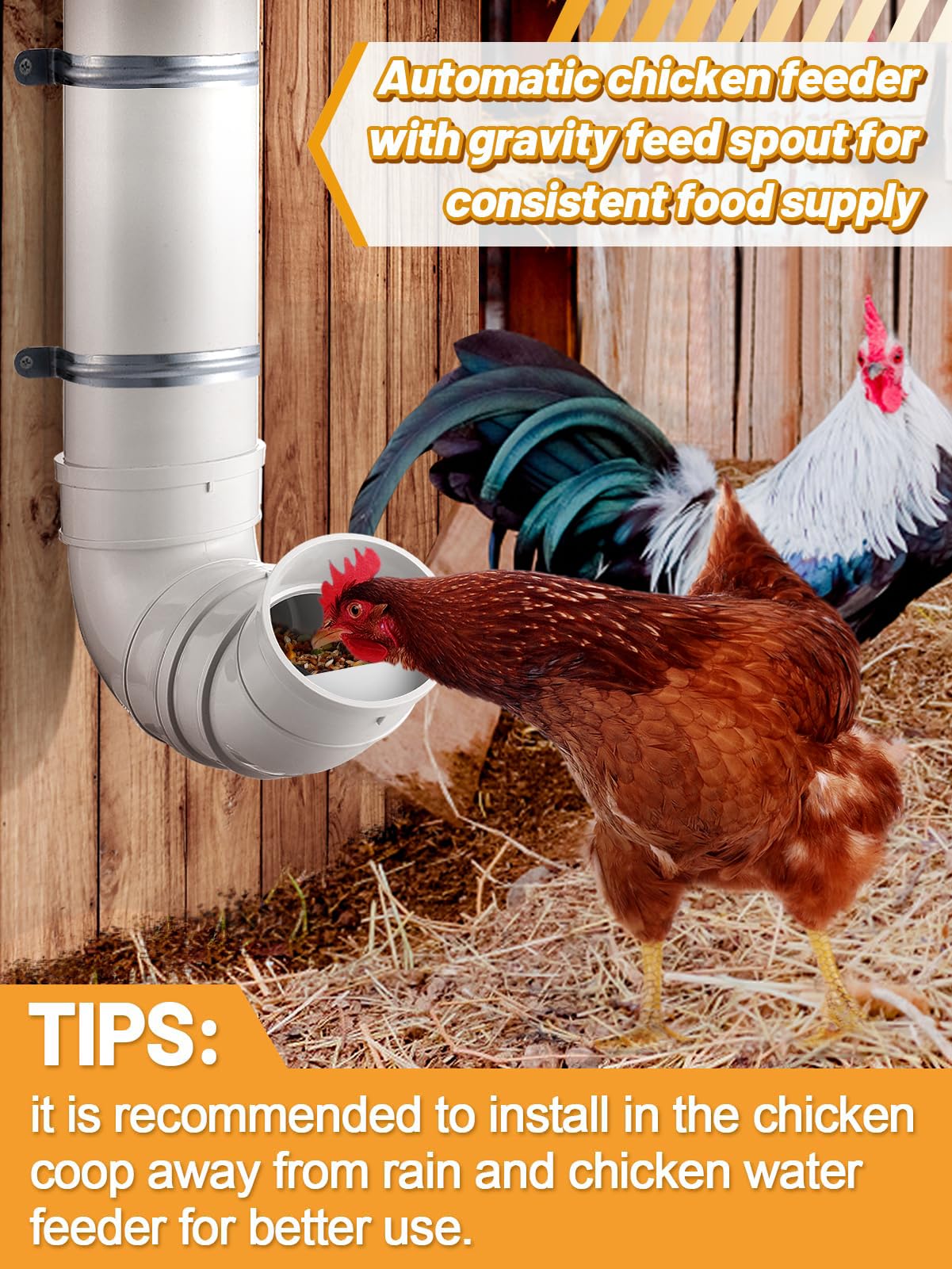MEWTOGO Automatic Chicken Feeder No Waste - 6.6 Pounds Large Capacity Heavy Duty PVC Pipe Hanging Chicken Feeder, Poultry Gravity Feed Port for Chicken Long Feeding