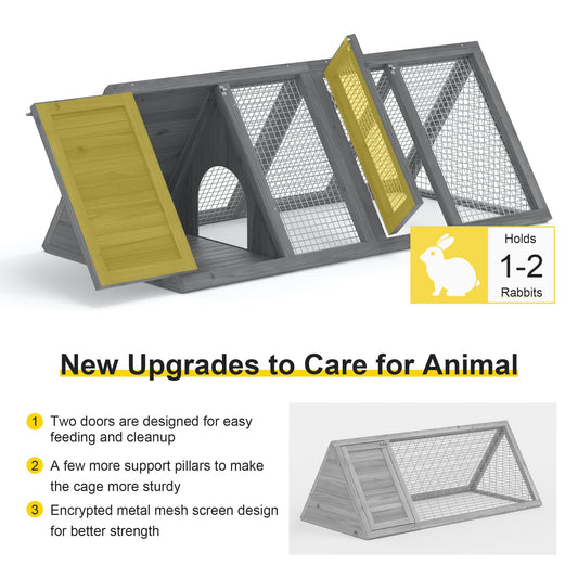 Rabbit Hutch, Small Chicken Coop Outdoor A-Frame Quail Cage with 2 Door & Run Cage Wooden Triangle Quail Hutch with Ventilating Wire Poultry Hutch for Small Animal (Gray)