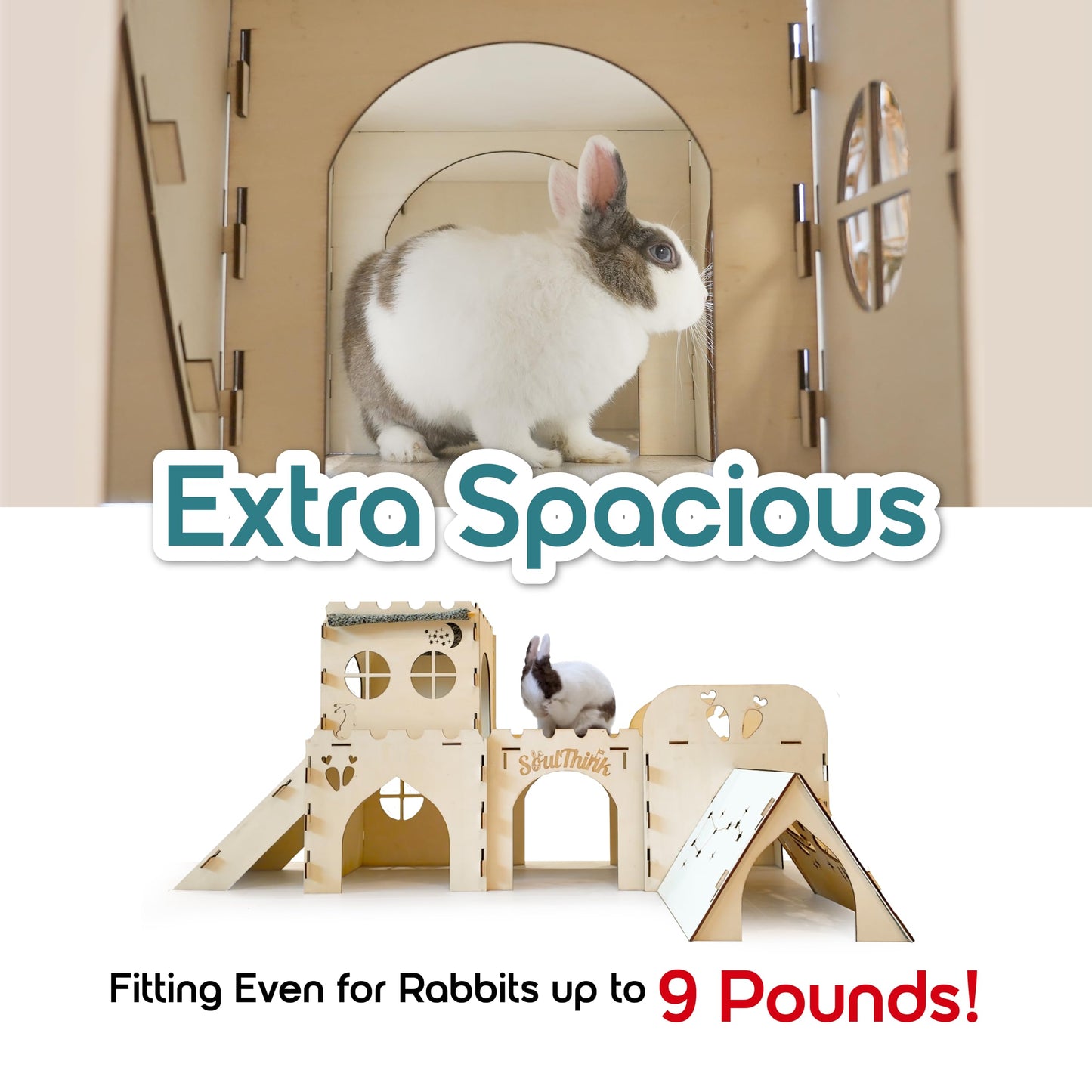 Soulthink® Extra Large Rabbit Hideout and Castle - Easy to Assemble Wooden Houses and Hideouts with Ramps and Tunnels Bunny Castle and Rabbit House for Rabbits to Hide and Play Indoor