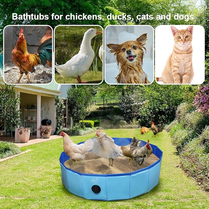 Chicken Dust Bath Tub, Foldable 33" Chicken Bath Dust PVC Pet Sand Bath Pool for Chickens, Ducks, Cats, Dogs, Quails for Farms, Chicken Coops Lime (Blue)
