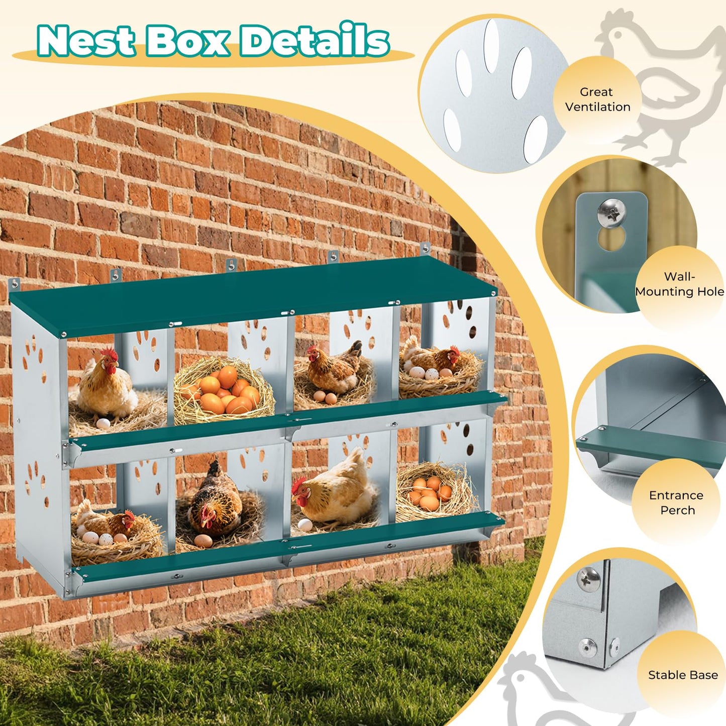 Yafylly Chicken Coop Nesting Boxes, Wall Mountable Metal Chicken Nesting Box, Easy Egg Collection Roll Away Nesting Boxes Chicken, Roosting Boxes for Chickens, 8 Compartments