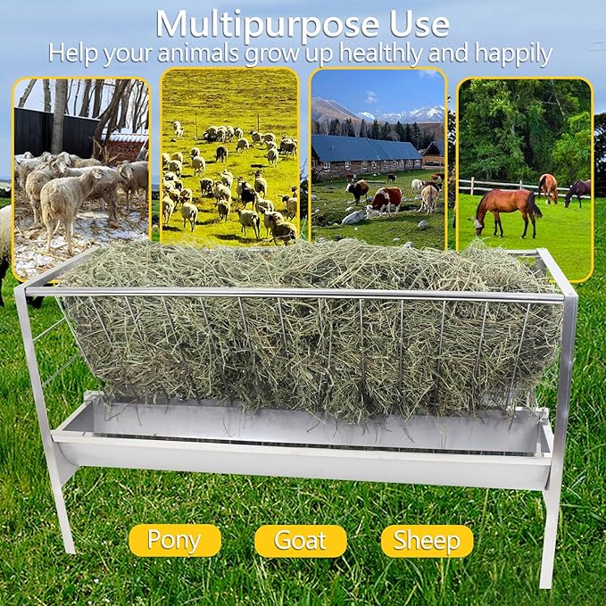 Stainless Steel Pasture Feeder, 5-Feet, 77 Gallon Capacity Livestock Feeder with Deeper Feeding Pan, Easy to Assemble and Carry, Feeding Goats, Sheep and Ponies, for Farms, Sheep Sheds