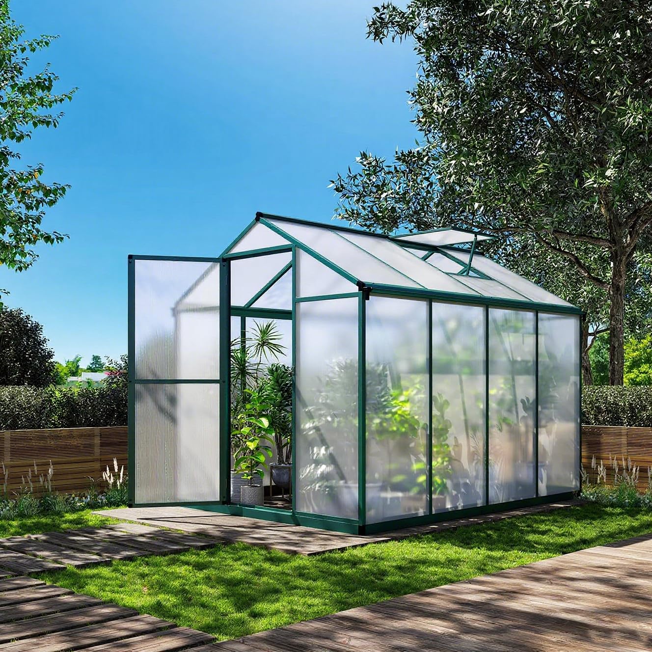 EcoSummer Greenhouse for Outdoors 8 x 6.25 Ft, Polycarbonate Greenhouse with Lock, Roof Windows Vent and Rain Gutter, Aluminum Large Walk-in Green Houses, for Patio Garden Backyard Outside, Green