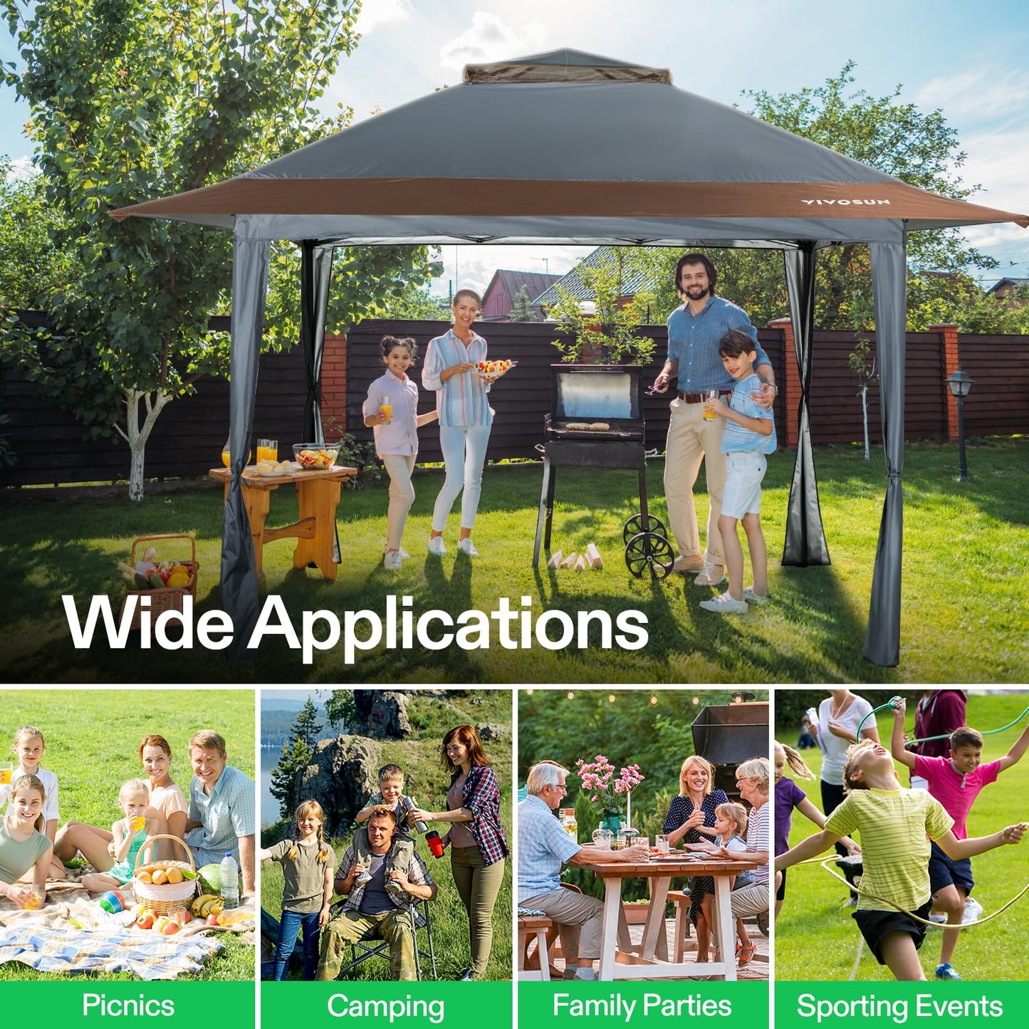 VIVOSUN 13 x 13 Pop Up Canopy Tent, Quick Setup Canopy Shelter with Mosquito Netting, Center Lock, Storage Bag, Instant Outdoor Gazebo for Parties, Patio, Lawn, Garden, Backyard, Khaki