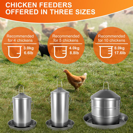 6.6lb Stainless Steel Hanging Chicken Feeder, Metal No Waste Poultry Feeder, Rustproof, Reusable, Long-Lasting, Gravity Feed Chicken Coop Accessories for Chicken, Geese, Duck, Hens, Rooster, Chick