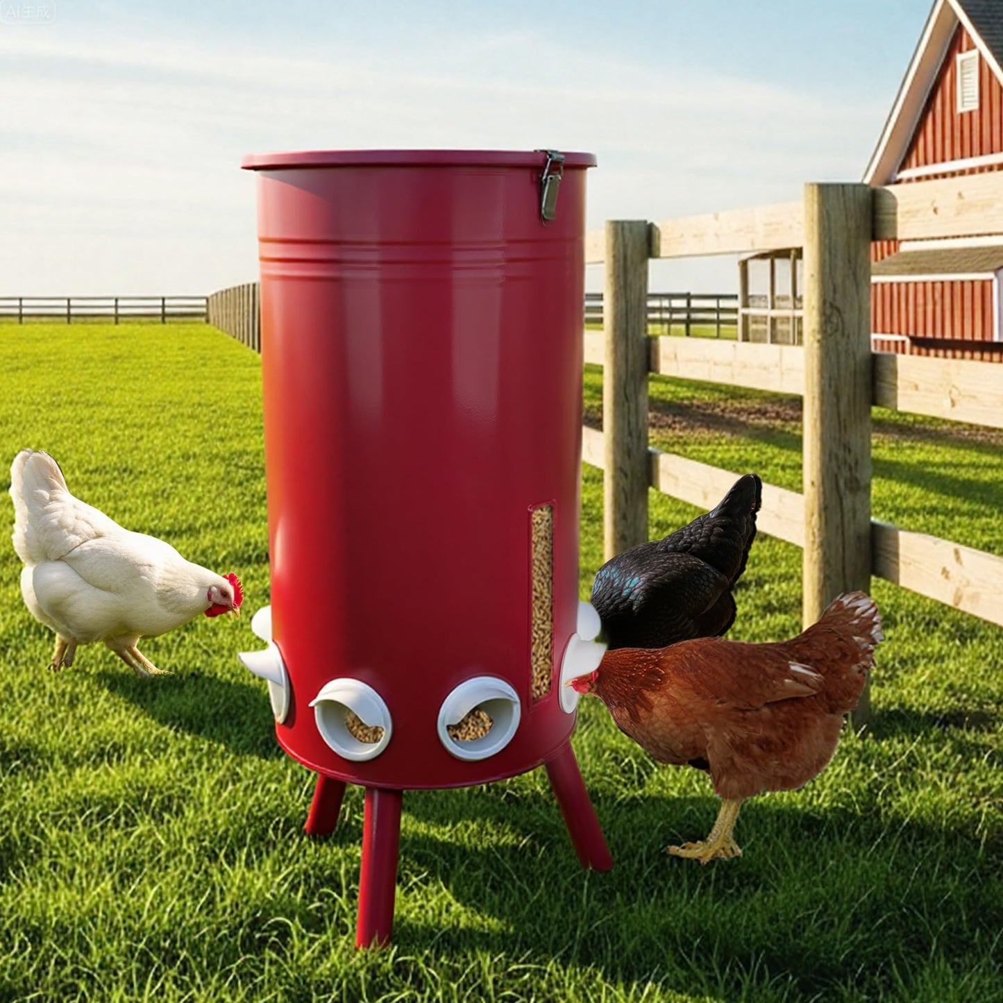 KOL 75 LB Large Free Standing Chicken Feeder, Portable Gravity Chicken Feeder Automatic, Dispenser, 8 Feeding Ports Poultry Feeder for Chicken Rooster & Hen (Red)