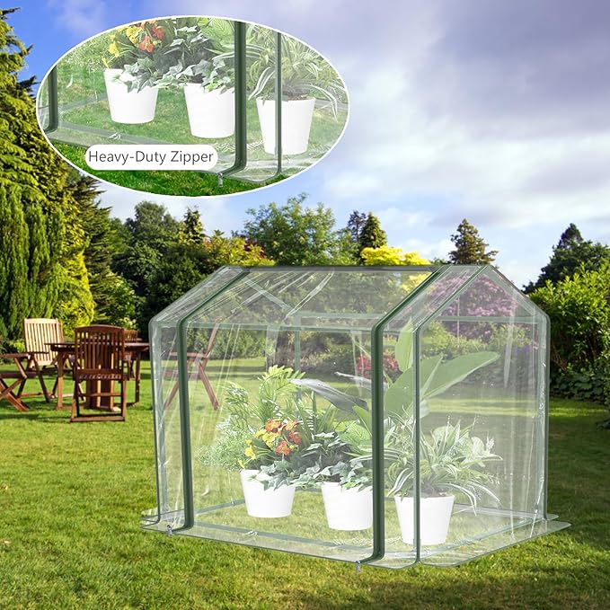 Esbaybulbs Mini Greenhouse with PVC Cover and Roll-Up Zipper Door, 33.5'L x 23.2'W x 32.5'H, Transparent, Steel Frame, Roll-Up Door, Garden Greenhouse
