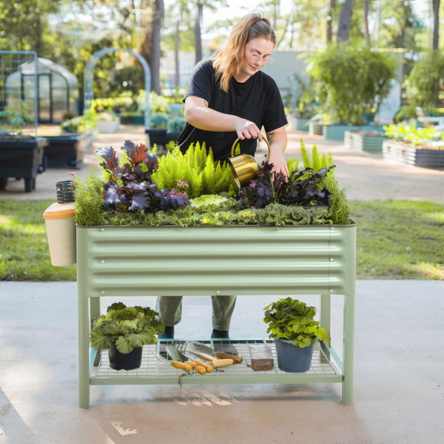 32" Elevated Raised Garden Bed & 2-Tiered Plant Stand Indoor with Grow Lights