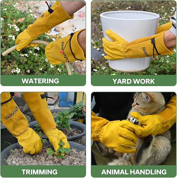 Garden Gloves, Thorn Proof Rose Pruning Gardening Gloves for Men & Women, Long Leather Glove for Weeding, Planting, Digging, Medium Size