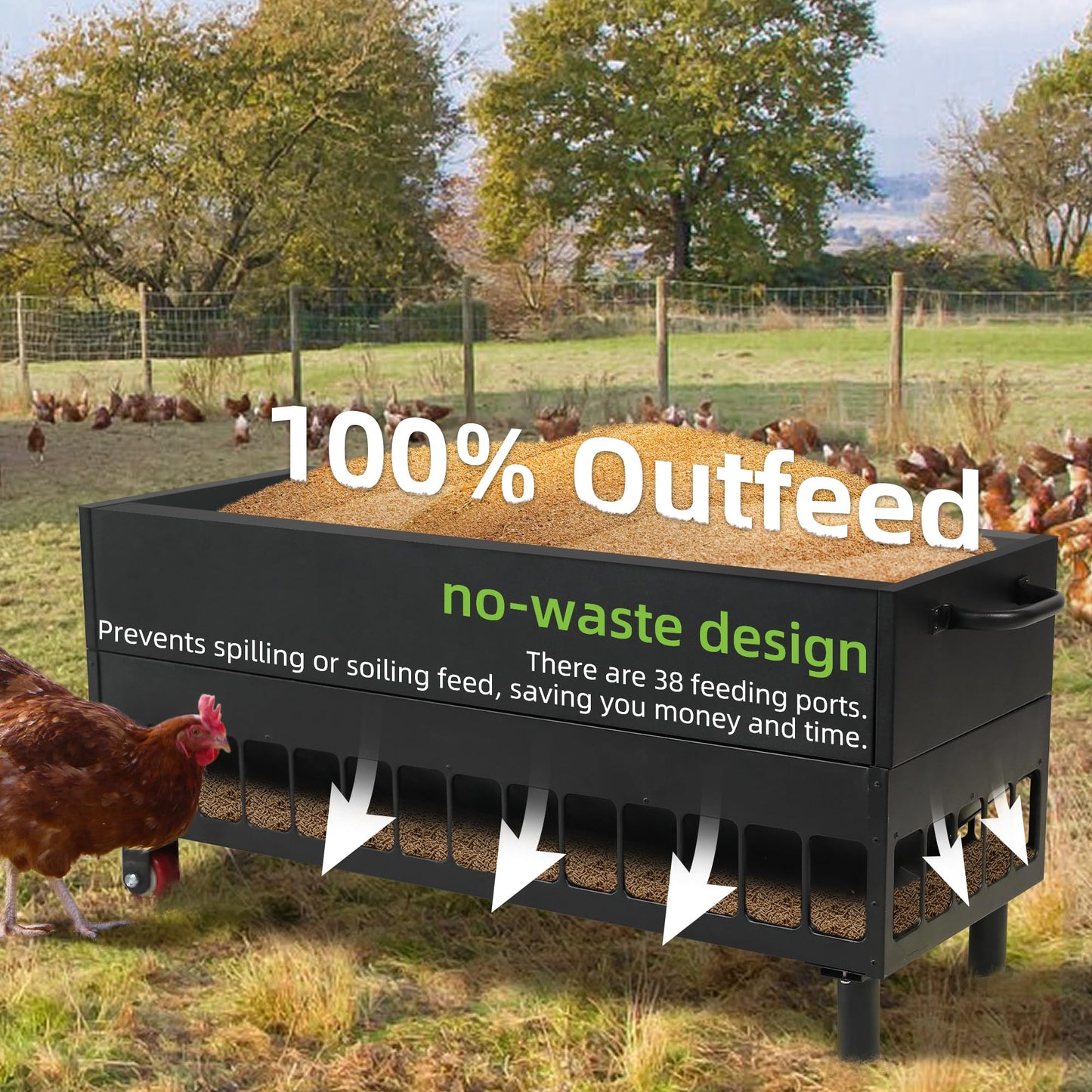 Solution4Patio 120LB Large Free Standing Chicken Feeding Barrel, Metal Poultry Feeder Set, Hen Coop, 38 Feeding Ports Portable Gravity Chicken Feeder