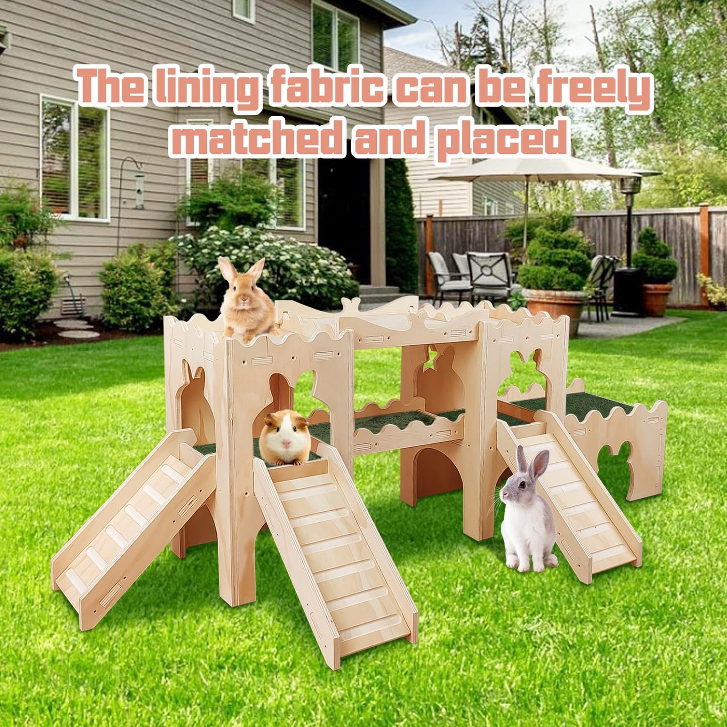 NICERINC PET Extra Large Wooden Rabbit Castle Hideaway Tunnel and Bed Small Animal Hideaway Hut Solid Safe Construction Play Hideaway Hut for Rabbit Guinea Pig Chinchilla