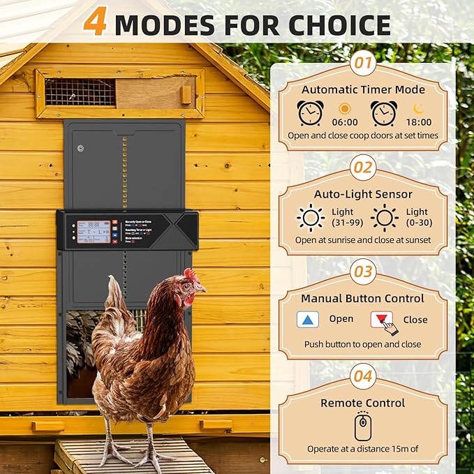 Automatic Chicken Coop Door, 4 Modes LCD Display Chicken Coop Door Solar Powered with Timer & Light Sensor, Aluminum Alloy Automatic Chicken Door with Anti-Pinch, IPX45 Waterproof