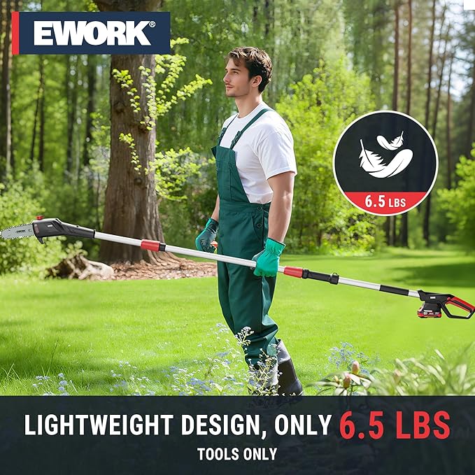 EWORK 20V 8-Inch Cordless Pole Saws for Tree Trimming, Extension Up to 14.2-Ft, Lightweight Only 6.5 Lbs, Auto Oiling Electric Pole Saw Battery Powered with Battery and Charger - EK-TT2008HH