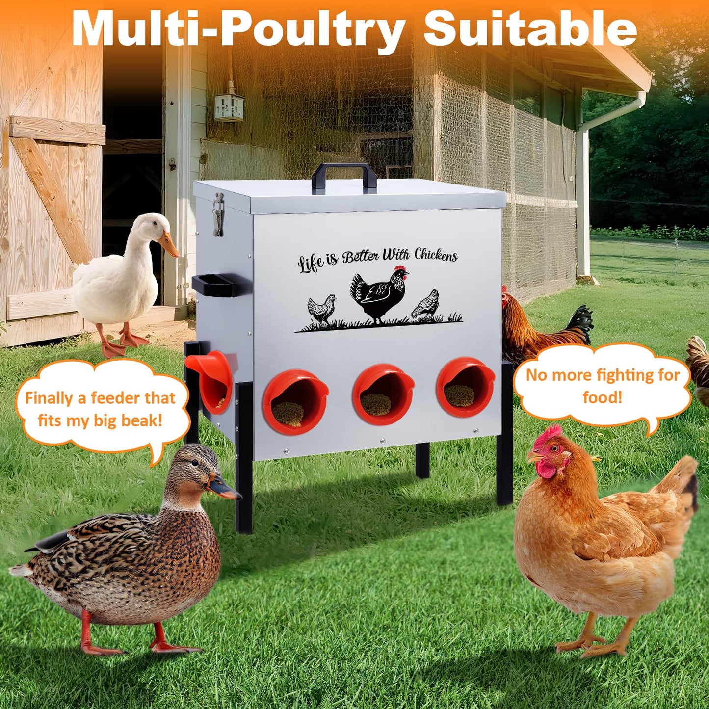 zeetmart 50LB Automatic Chicken Feeder–8 Feeding Ports No-Waste Galvanized Metal Chicken Feeder Box with Adjustable Legs & Locking Lid Poultry Feeder for Chickens,Ducks,Geese,Rust-Resistant