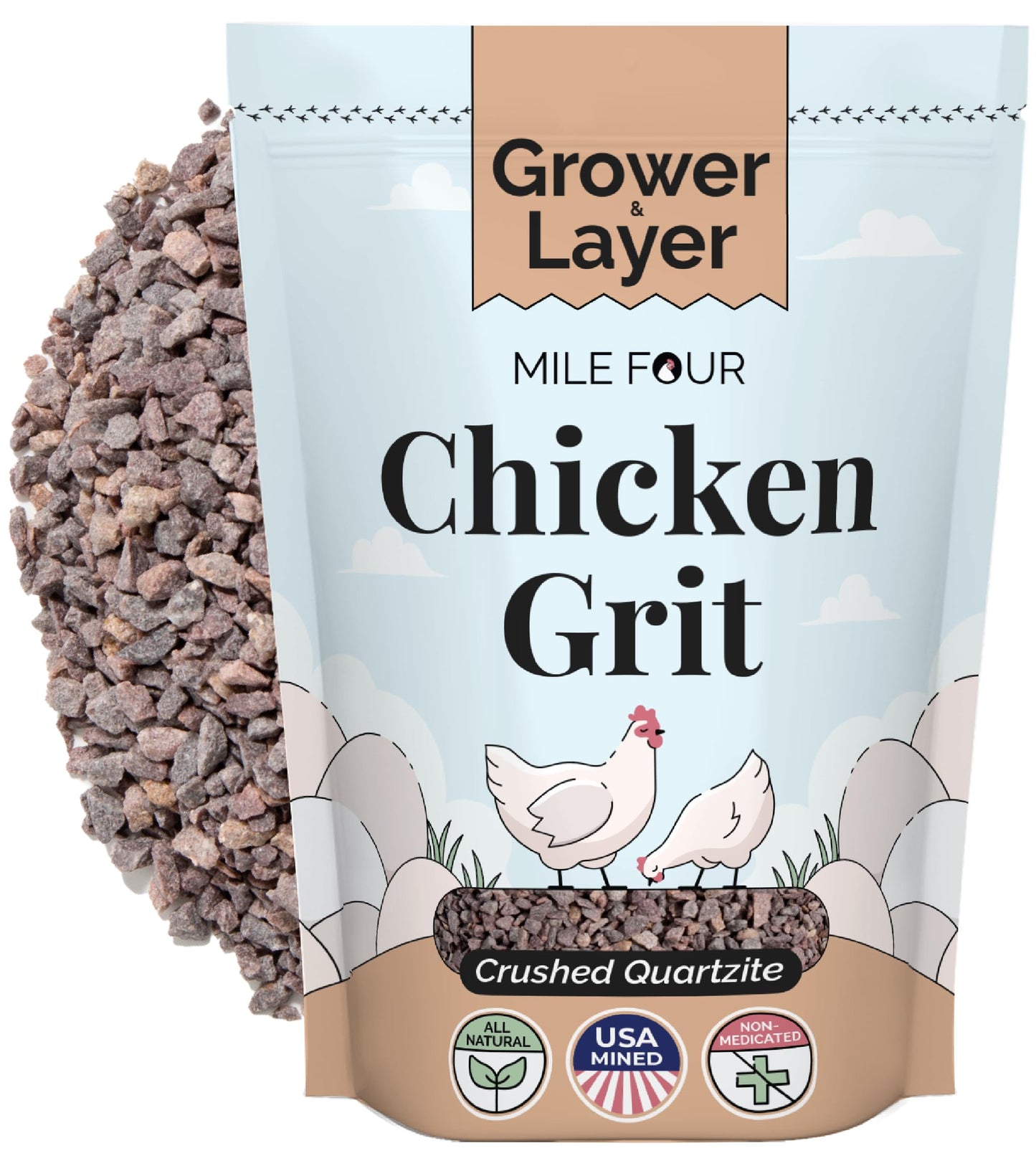 Mile Four Chicken Grit for Layer & Grower Chickens Age 8-20+ Weeks - 100% Natural Mineral Chicken Grit Quartzite, Poultry Grit, USA Mined, 4 lbs