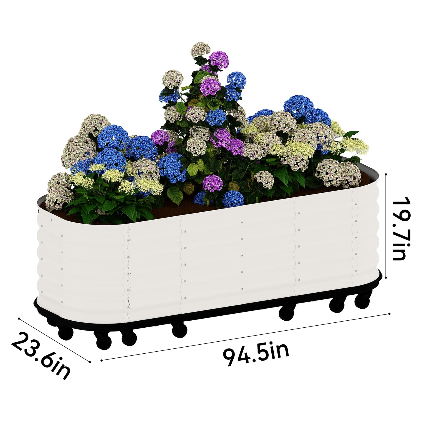 GarveeHome Self-Watering Wheeled Metal Garden Bed – Mobile Raised Planter Box with Water, Galvanized Steel Indoor/Outdoor Rolling Grow Station for Herbs, Veggies & Decor （94.5"x23.6"x19.7",White