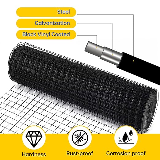 Hardware Cloth, 1/2 inch 48" x 50' Galvanized Chicken Wire Fence, 19 Gauge Vinyl Coated Wire Mesh Roll, Black Welded Wire Fencing Roll Gopher Wire Mesh Roll for Garden Fencing Rabbit Snake Wire