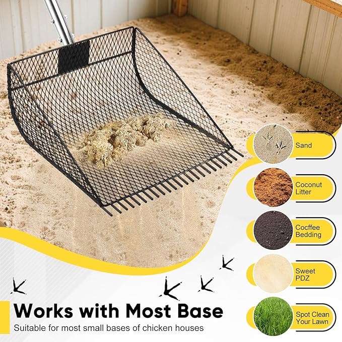 Upgraded 12-inch Chicken Poop Scooper Rake, Durable Metal Coop Scoop for Chicken with 24 to 68" Adjustable Stainless Steel Handle, Litter Scooper for Sand Sifting Shovel for Animals House