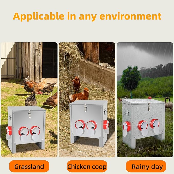 Automatic Poultry Chicken Feeder No Waste Metal Large Capacity 30 lbs Feeders for Chickens Ducks, Geese Bantams Pheasants Coop Weatherproof (4-Port)