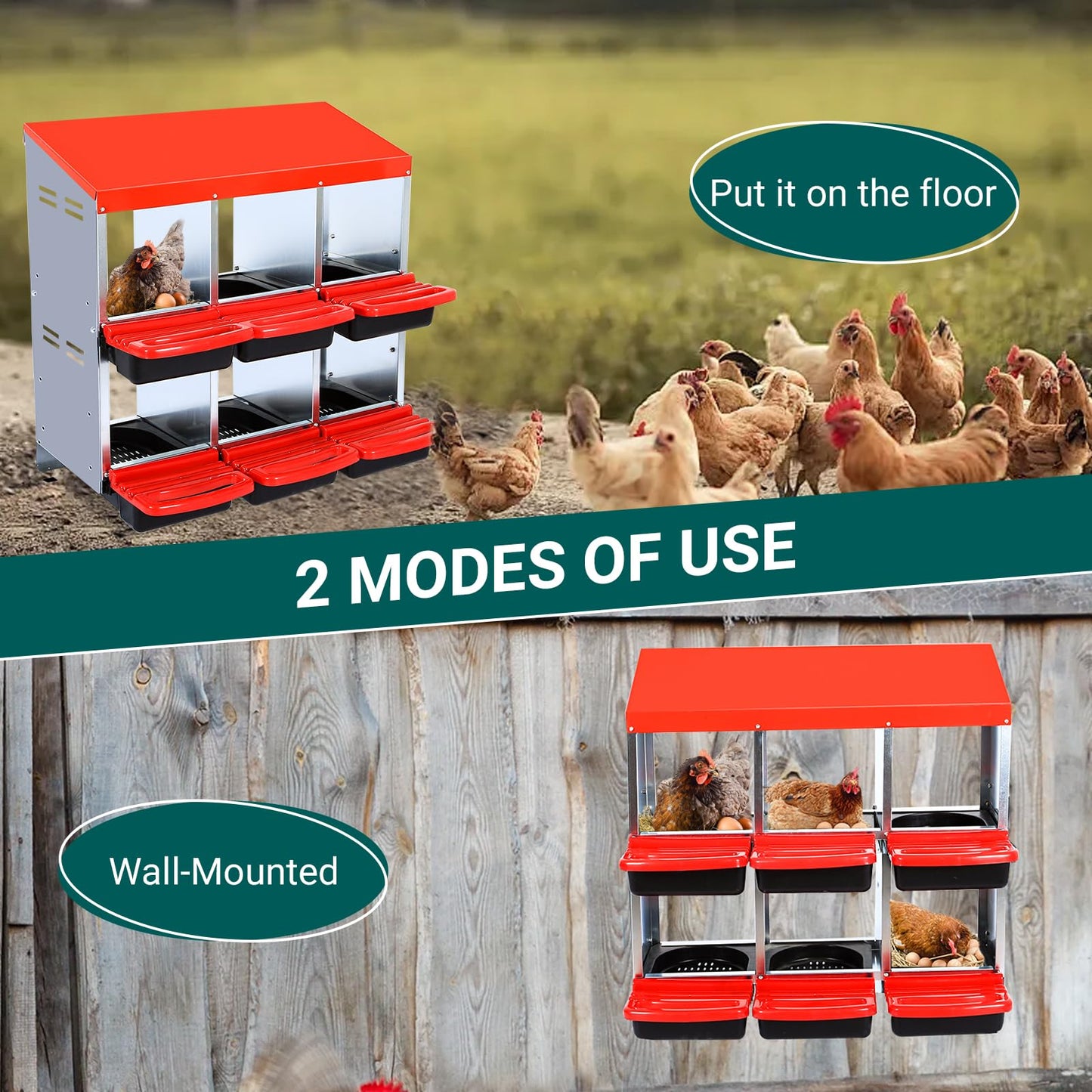 Chicken Nesting Box,6 Compartment Roll Away Nesting Box for Laying Eggs,Wall Mount Chicken Nesting Boxes,Easy Egg Collection,Cleanable Pull Out Hen Roosting Boxes 6 Hole