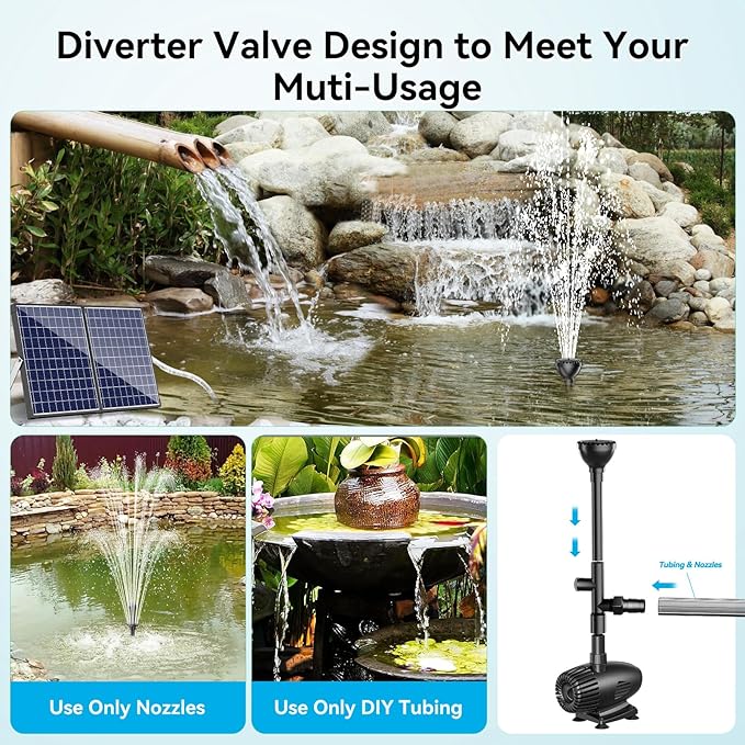 POPOSOAP 55W Solar Water Pump, Solar Water Fountain with Water Shortage Protection, Solar Pond Pump Water Flow Adjustable with PVC Tubing, 17Ft +10Ft Cord for Ponds, Garden, Waterfall, Hydroponics
