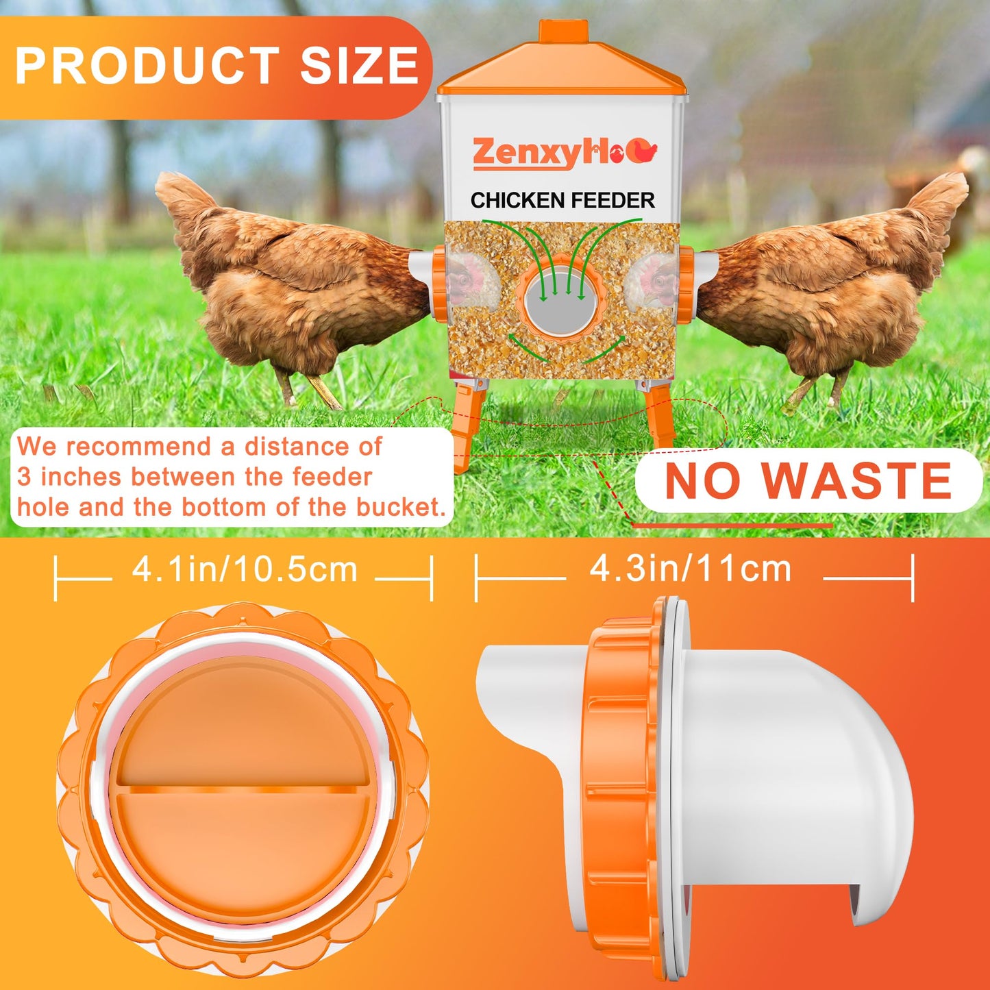 ZenxyHoC DIY Chicken Feeders No Waste, 8 Ports Poultry Feeder with Hole Saw for Buckets Troughs Orange