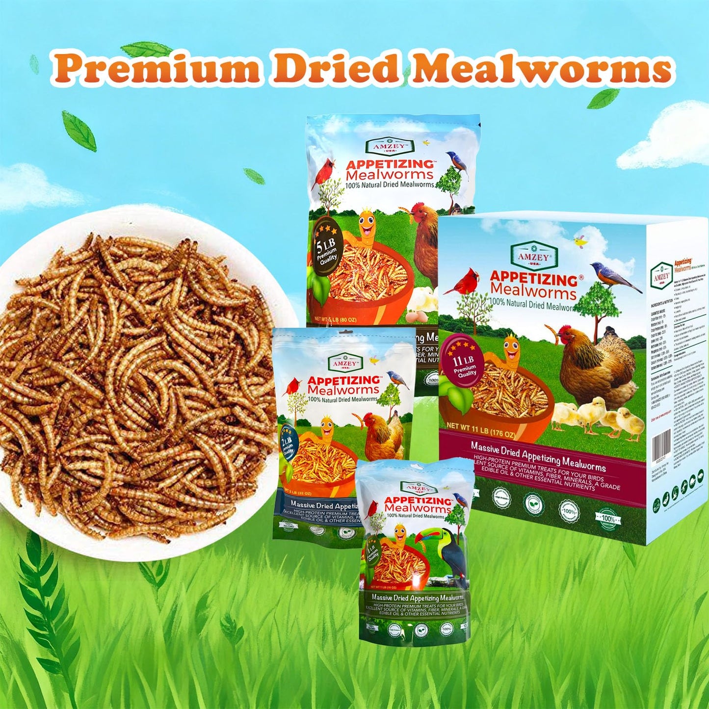 Amzey Dried Mealworms 2 LB, 100% Natural Meal Worms for Chicken & Birds, Organic Chicken Feed for Laying Hens, High Protein and Nutrition, Zipped Bag