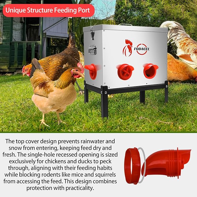 Automatic Chicken Feeder, 40-LB Capacity with 6 Feeding Ports， Galvanized Steel Metal Feeder with Support Frame and Locking Lid，Suitable for Chicken Coops to Prevent Other Animals from Accessing Feed