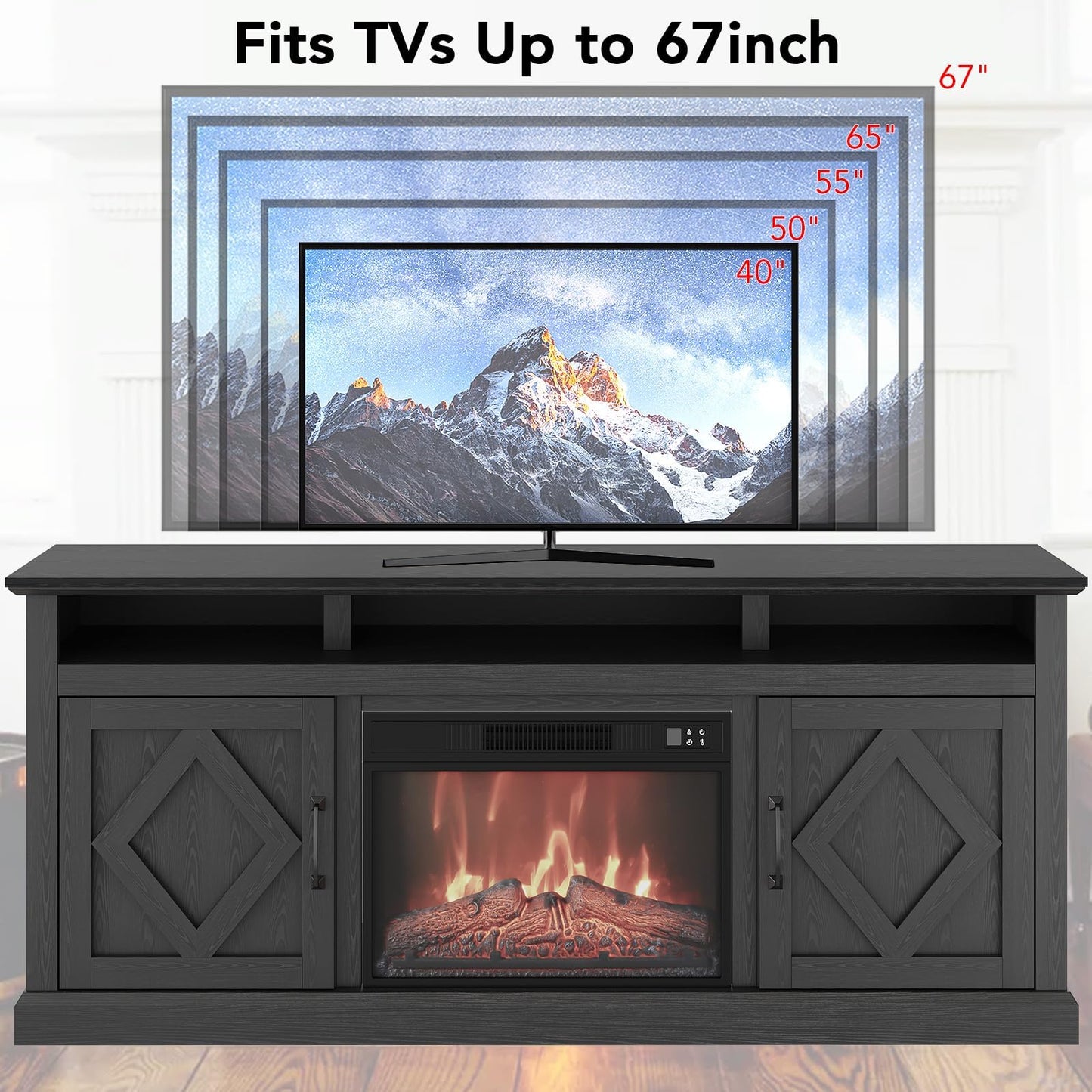 Farmhouse TV Stand with 23" Electric Fireplace for TVs Up to 65", Rustic Sliding Barn Door Entertainment Center with Storage, Remote Control, 3D Flame, Timer & Overheat Protection