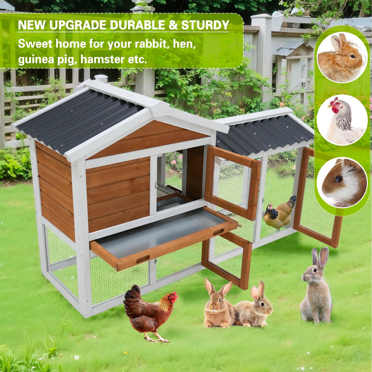 YOPTO 58" Rabbit Cage W/Ramp,Waterproof Rabbit Hutch W/Removable Tray,Wooden Bunny Cage Indoor W/Three Doors & Sloped Roof,Poultry Cage for Small to Medium Pets,Orange-Yellow+White