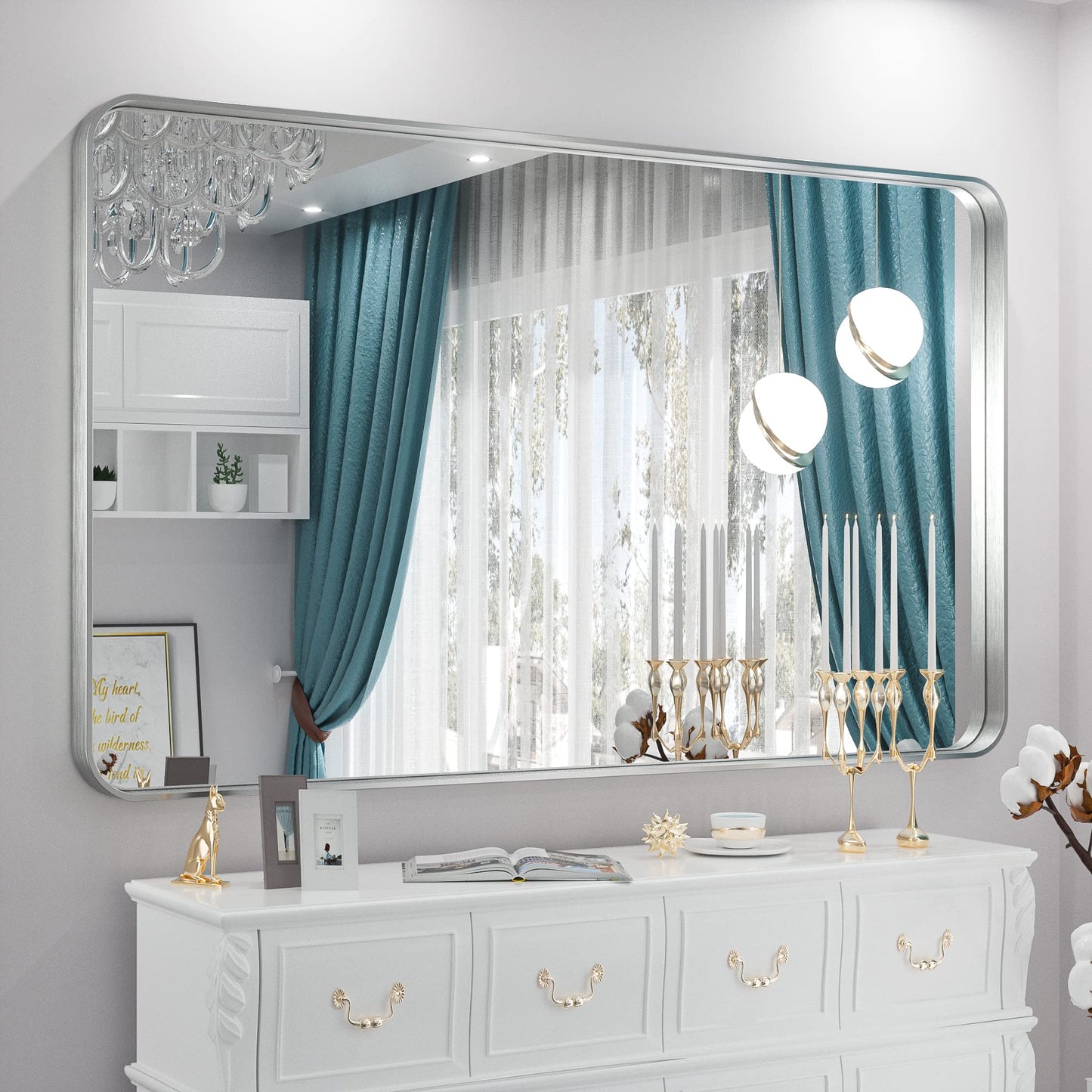 TETOTE 55 x 36 Inch Silver Mirror for Bathroom, Brushed Silver Framed Modern Farmhouse Rectangle Large Wall Mounted Mirror for Double Vanity (Horizontal/Vertical)