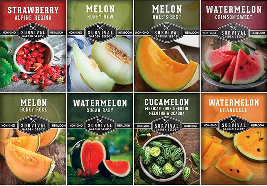 Survival Garden Seeds - 8 Fruit Seed Collection for Growing Watermelon, Cantaloupe, Melon, Strawberry, and Cucamelon Plants in Your Home Vegetable Garden - Non-GMO Heirloom Fruit Seeds Variety Pack