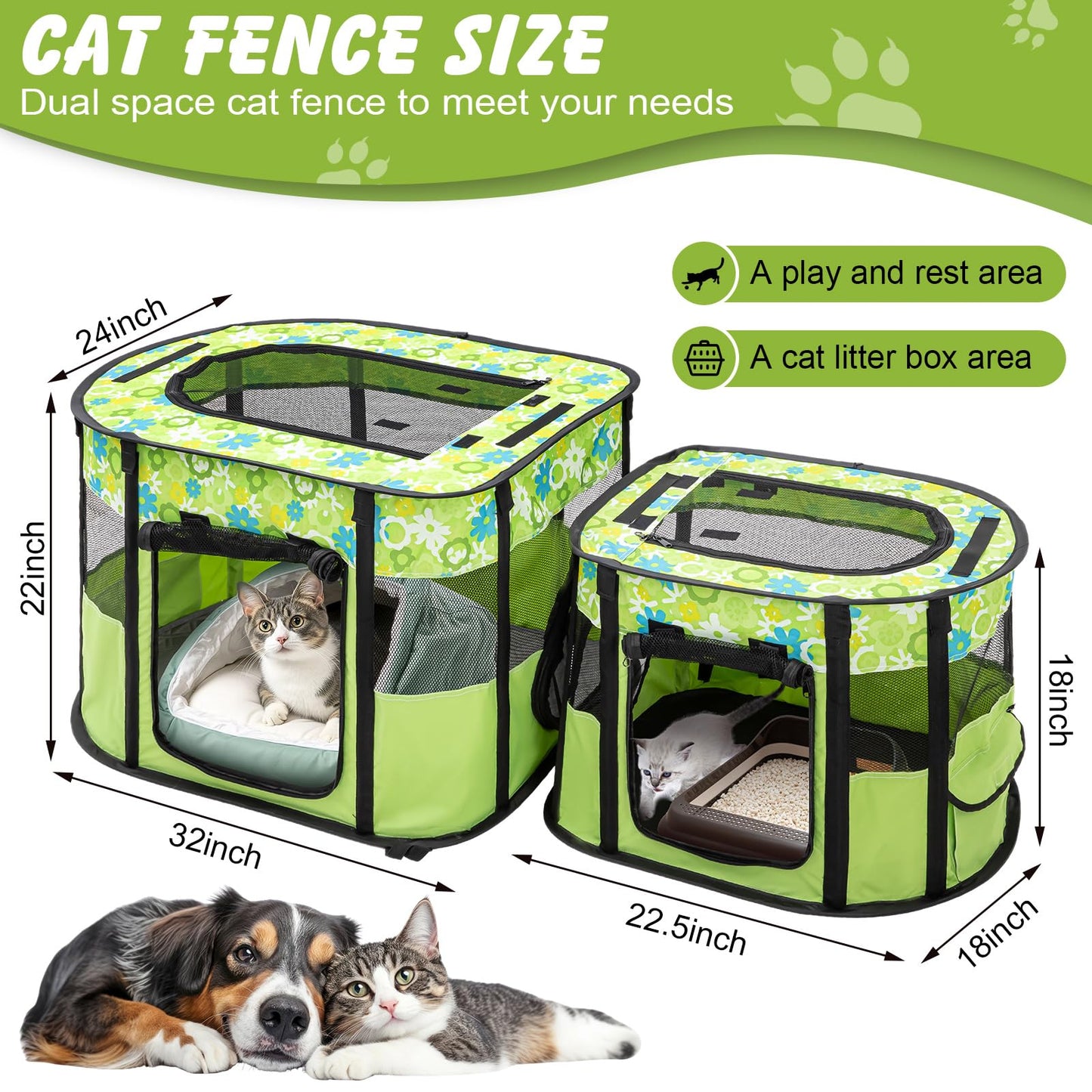Portable Cat Playpen with Separate Areas, Foldable Indoor Outdoor Cat Enclosure, Portable Pet Tent for Kittens and Small Animals, Collapsible Tent Kennel Cage House with Tent Pegs and Carry Bag