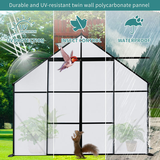 YOPTO 8×10 FT Greenhouse for Outdoors,Backyard Anchor Aluminum Heavy Duty Walk-in Green Houses with Drainage System & Galvanized Frame,Double Sliding Door Polycarbonate Raised Plant Base,Black
